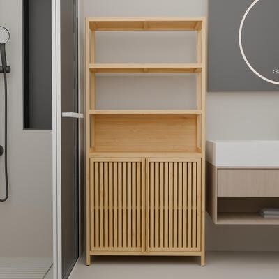 GREATPLANINC Bamboo Bathroom Cabinet with Drawers, Storage Cabinet with Open Shelves, Accent Cabinet with Magnetic Door