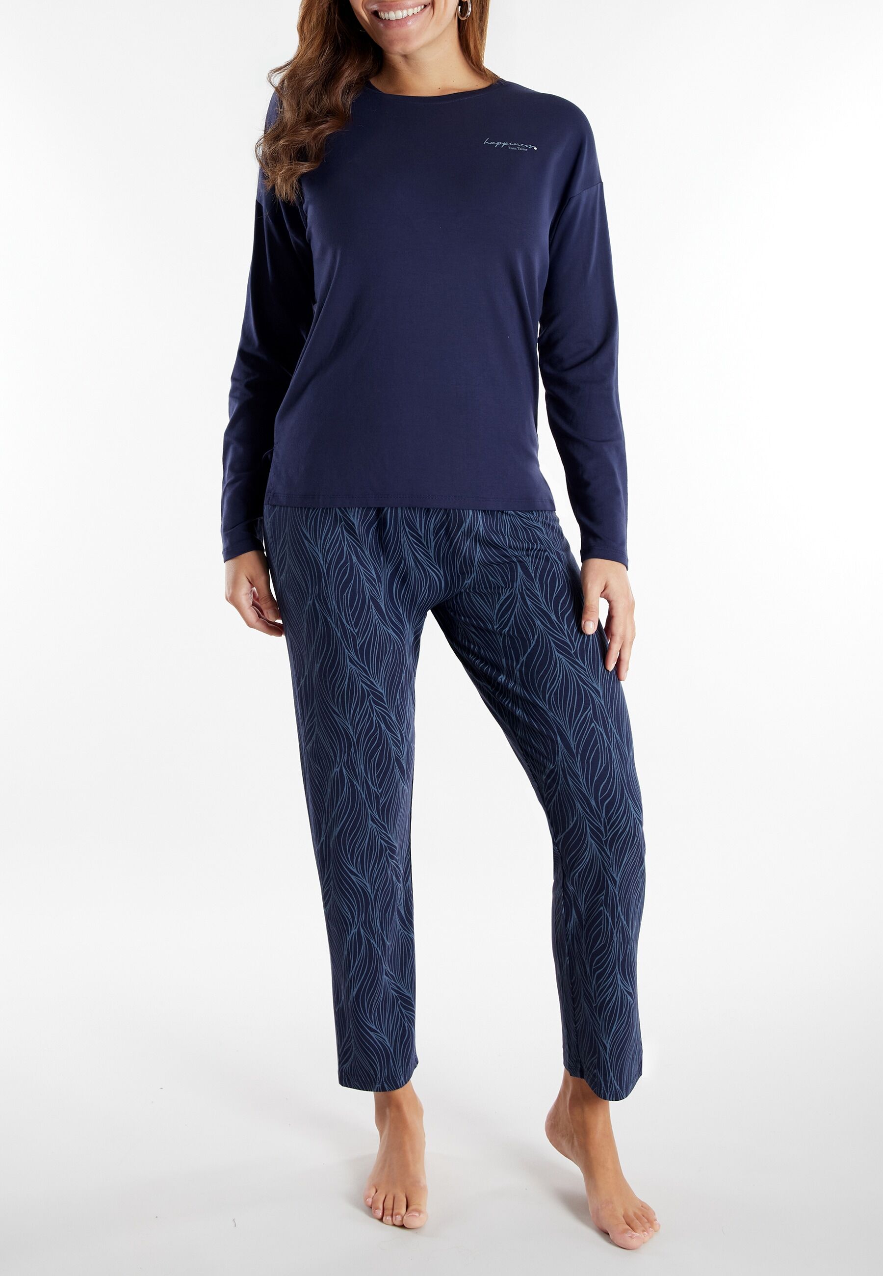 Schlafanzug TOM TAILOR "Sitia", Damen, Gr. 36 (S), blau (blau, dunkel, allover), Obermaterial: 95% Viskose, 5% Elasthan, gemustert, bequem normal, Rundhals, gerader Abschluss, Homewear-Sets Schlafanzug, Langarm, Rundhalsausschnitt, mit Muster, basic, Visk