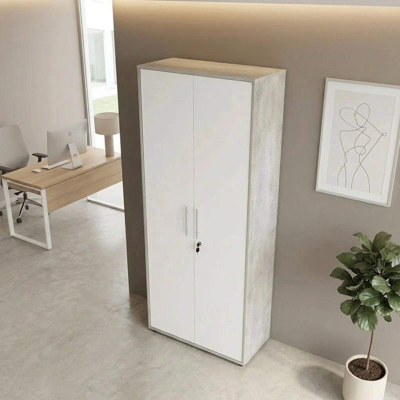 garneroarredamenti Armadio ufficio 79x188h cm 2 ante con serratura bianco frassinato cemento Woody