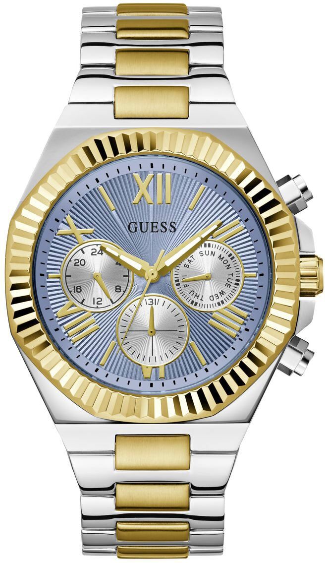 Multifunktionsuhr GUESS "EQUITY", silber (silberfarben, goldfarben, hellblau), Armbanduhren, Herren, silberfarben-goldfarben, Multifunktionsuhr, Armbanduhr, Quarzuhr, Herrenuhr, Edelstahlarmband