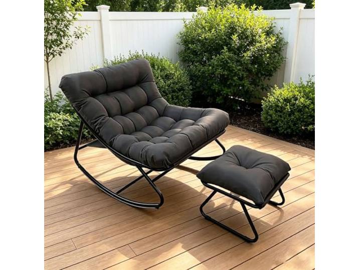 Luestysi Schaukelstuhl mit fußstütze, Outdoor Schaukelstuhl, Outdoor Lesesessel, Gepolsterter Schaukelstuhl fürs Wohnzimmer, bis 150 kg Belastbar, für Garten, Schlafzimmer, Terras (Grau)
