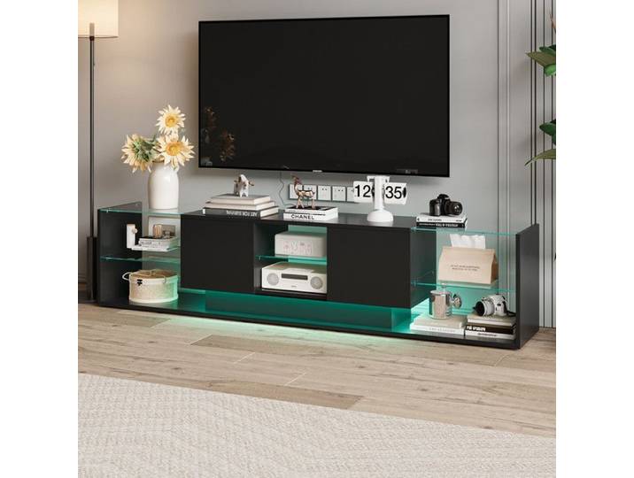 Meuble TV - 200 cm - Design flottant - LED RGB 24 couleurs - Verre trempé & noir