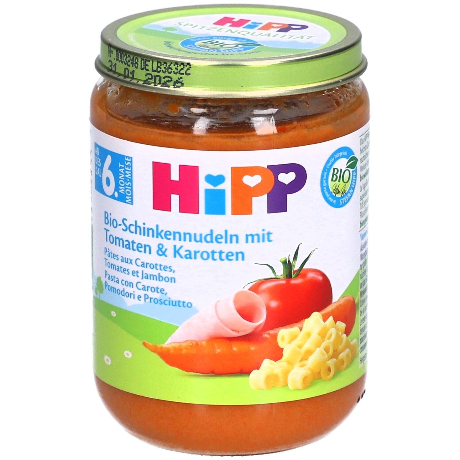 HiPP Bio-Nudeln mit Schinken Tomaten & Karotten ab 6 Monaten x4 4x190 g Brei