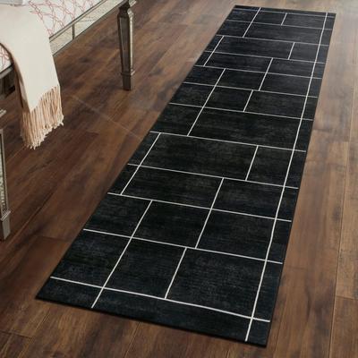 World Rug Gallery Windowpane Grid Black Machine Washable Non-Slip Backing Area Rug