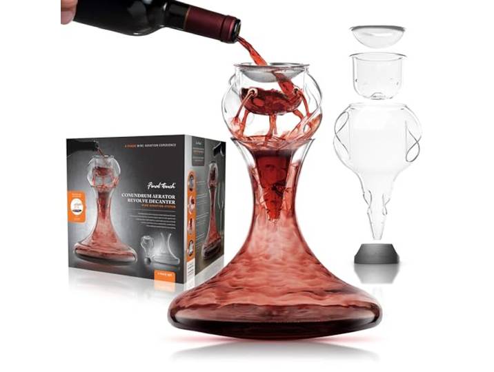 Final Touch Conundrum Weinbelüfter & drehbarer Dekanter Set, handgefertigt, bleifrei, Kristall, 4-Phasen-Belüftungssystem, Edelstahl, Sedimentfilter, Glasbelüfter, Weinprobe, Ausgießzubehör (WDA71590)