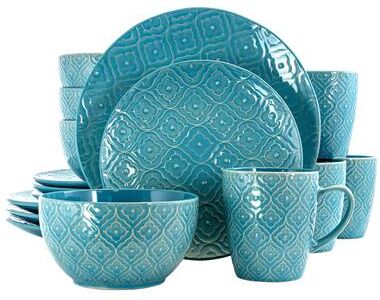 Elama Lilypad 16 Piece Round Stoneware Dinnerware Set in Aqua