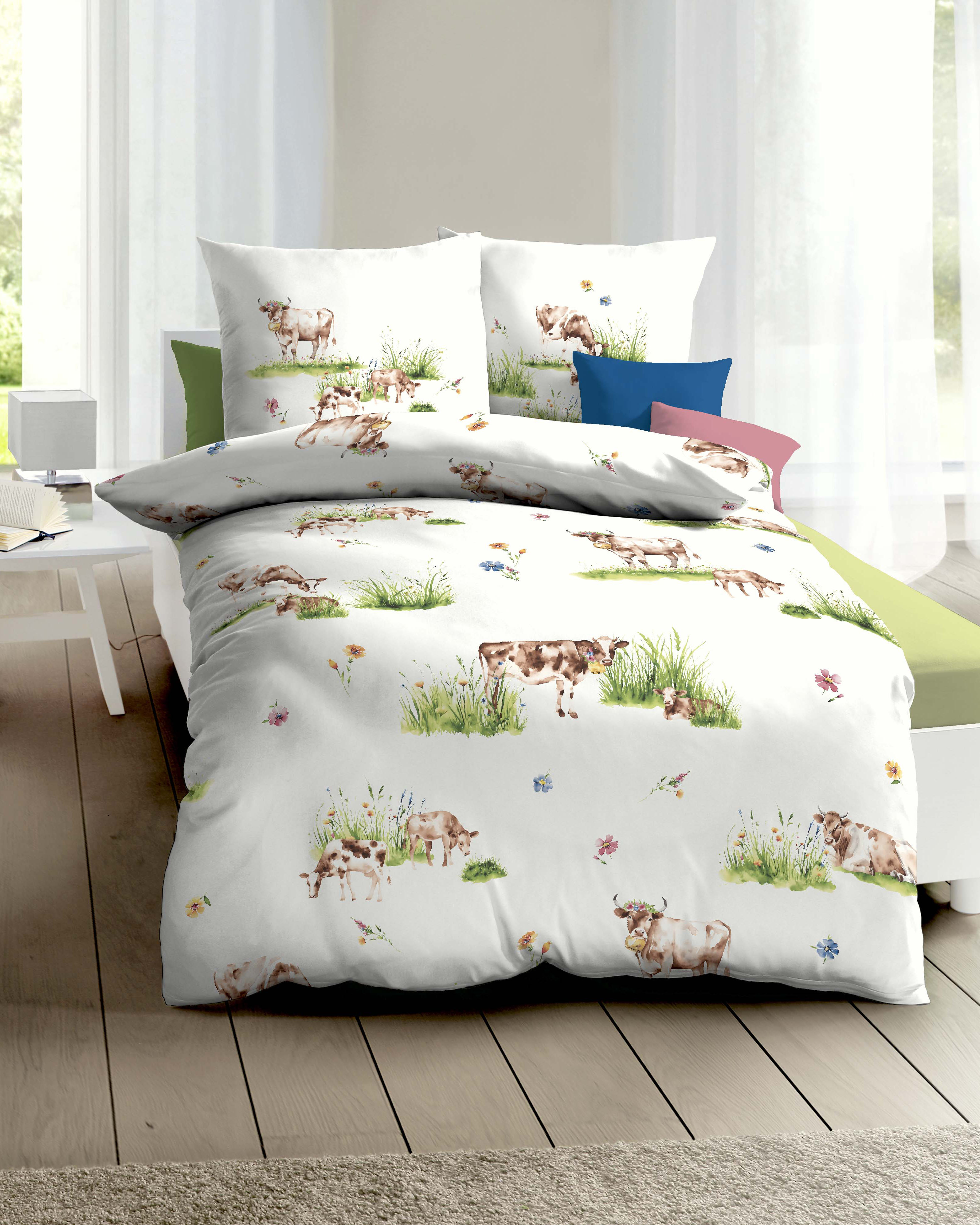 Bettwäsche KAEPPEL "Almauftrieb", grün, B/L: 155cm x 220cm, 1 Stk., 1 Stk., Mako-Satin, B/L: 80cm x 80cm, 2 Stk., Mako-Satin, Obermaterial: 100% Baumwolle, Bettwäsche, Bettwäsche, Mit Kühen