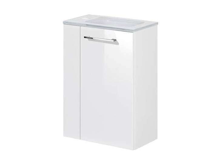 FACKELMANN SCENO Gäste-WC Set 2 Teile – Waschtischunterschrank in Weiß mit Waschbecken aus Glas in Weiß – SBC Waschbeckenunterschrank schmal – Türanschlag Links – 45 cm breit