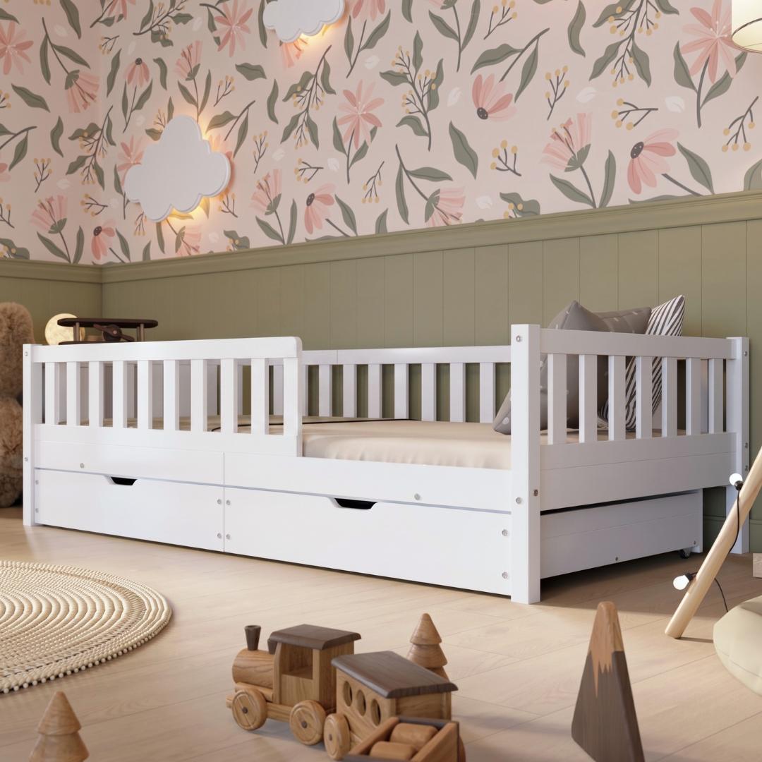 Crazy Pine Kinderbett mit Schublade 200x140cm - Massives Montessori Bodenbett aus Holz in Weiß mit Rausfallschutz - Crazy Basic