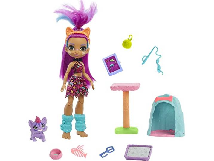 Cave Club Purr-fect Huisdieravontuur, Speelset met Roaralai pop (20 – 25 cm, paars haar), huisdier, kattenspeelplek en accessoires om verhalen te verzinnen, cadeau voor kinderen vanaf 4 jaar