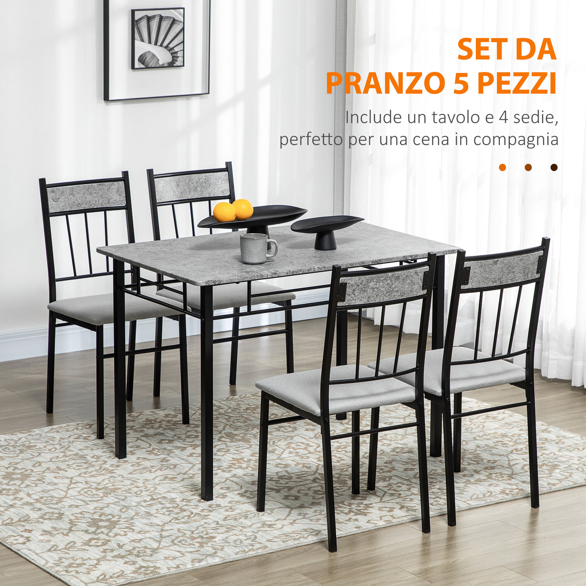 Altro Set Tavolo E Sedie 5pz, Tavolo Da Pranzo Rettangolare In Metallo E Mdf E 4 Sedie Da Pranzo Grigio E Nero