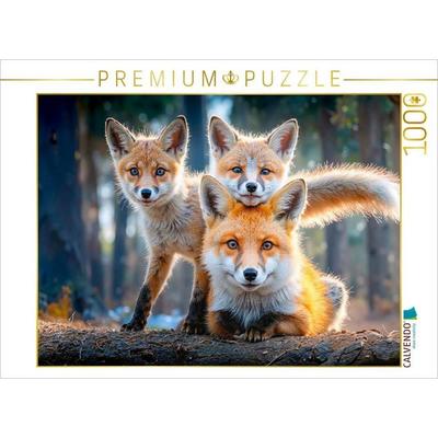 CALVENDO Puzzle Eine Füchsin führt ihre Jungen durch das frische Grün des Frühlingswaldes | 1000 Teile Lege-Größe 64x48cm Foto-Puzzle für glückliche