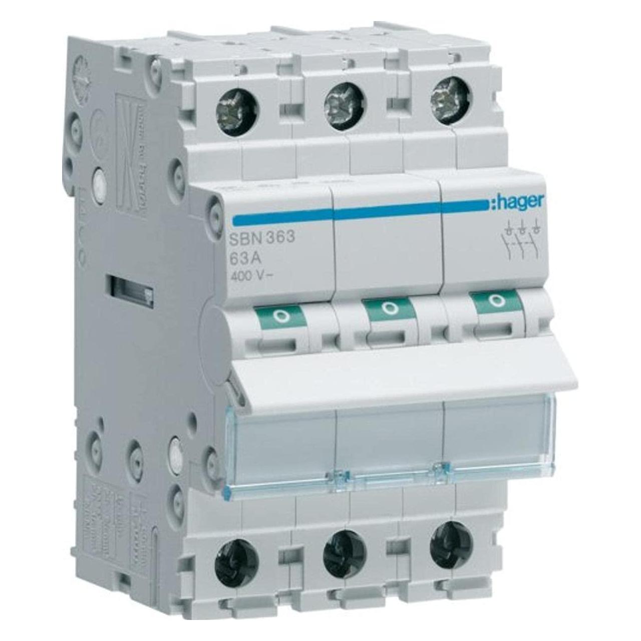 Hager SBN363. Nennstrom: 63 A, Spulenspannung (max): 440 V. Module Menge (max): 3 Modul(e), Internationale (SBN363)
