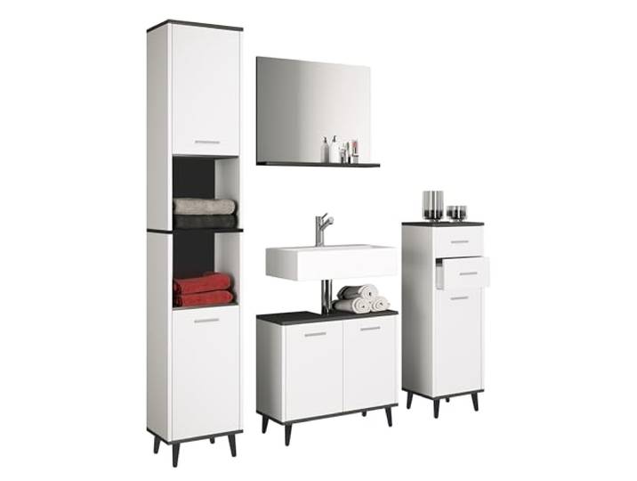 VCM Badmöbel-Set Weiß/Anthrazit 124x28x181 cm 5 Türen 9 Fächer Badezimmer komplette Aufbewahrungslösung für das Bad - für eine einheitliche Badeinrichtung - für Familien mit hohem Stauraumbedarf