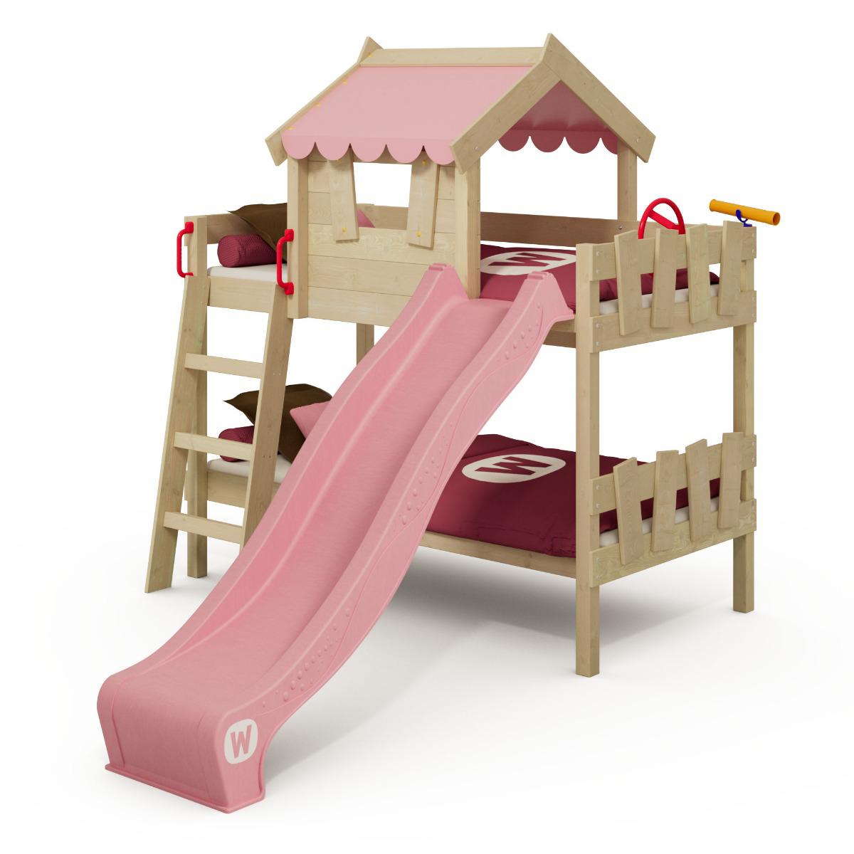 Abenteurliches Etagenbett CrAzY Fancy 90x200 cm - Kinderbett mit Rutsche, Dach, Fenster & Massivholz für zwei kleine Entdecker - Spielbett Wickey