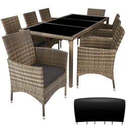 tectake Rattan Sitzgruppe ALMANSA inklusive Schutzhülle, rostfreie Edelstahlschrauben, UV-beständig, 195x91x75 cm Tisch, natur/dunkelgrau