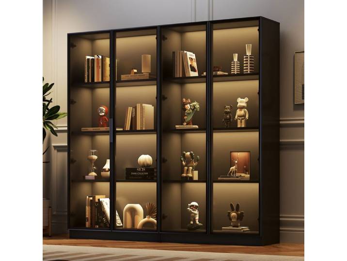 IVMEU Vitrine sur pied noire 4 portes vitrées LED pilotée par application 160 x 40 x 160 cm