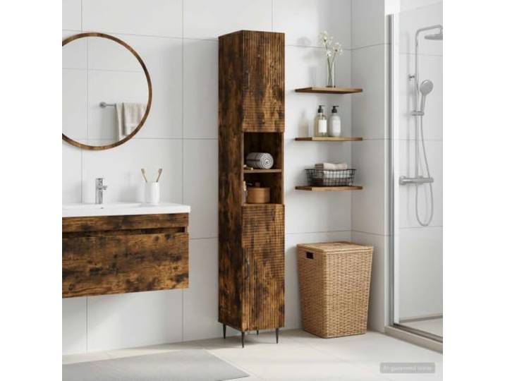 Badezimmerschrank mit offenem Regal HAARLEM Raucheiche Holzwerkstoff Offene Ablage, umkehrbare Tür, feuchtigkeitsbeständig, kompaktes Design, pflegeleichte Oberfläche