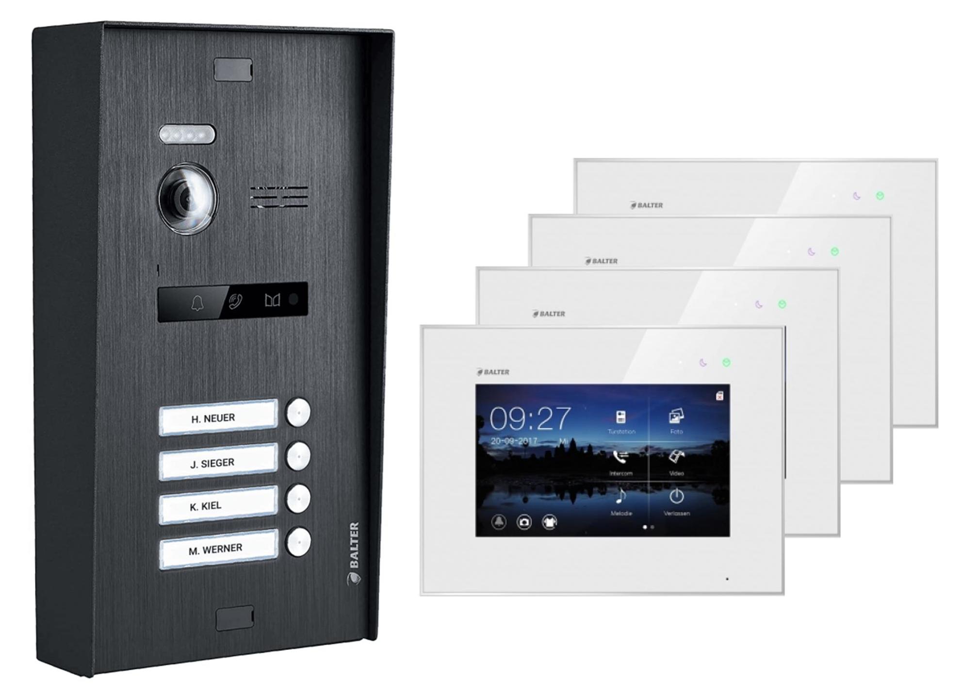 Aufputz Videosprechanlage BALTER EVO 2-Draht BUS für 4-Familienhaus mit 4x7" Monitoren Weiß Schwarz