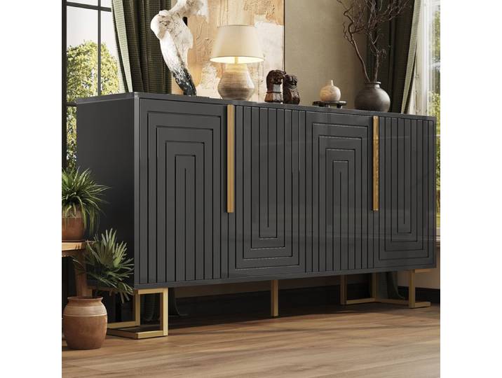 Buffet bas 2 portes design géométrique - TCQPZ - MDF noir pieds métalliques 152 × 40 × 75 cm