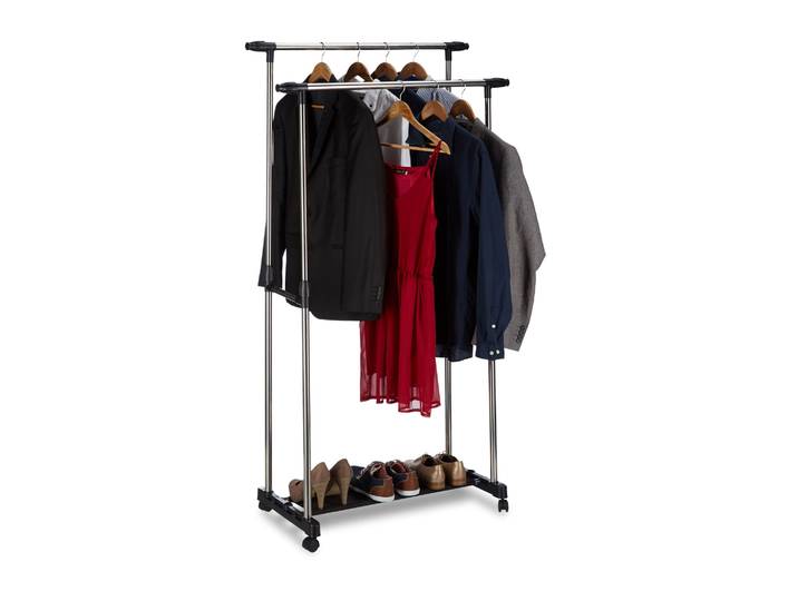 Rollgarderobe mit 2 Kleiderstangen Schwarz-Silber