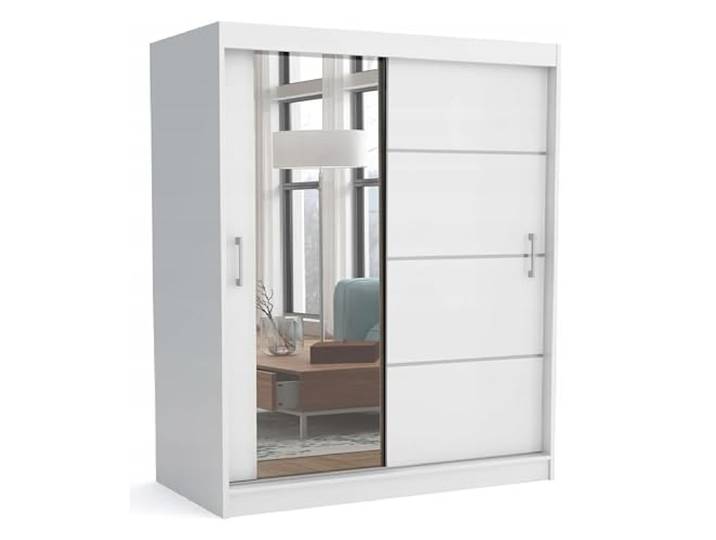 Brent - Kleiderschrank mit Spiegel 160cm Breit Windsor Tomy I Schlafzimmerschrank mit 2 Kleiderstänger und Einlegeböden für Kleidung I Kleiderschrank Weiß