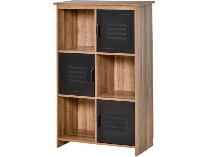 HOMCOM Bibliothèque Design Industriel 3 Niches 3 Casiers Portes Métal Noir