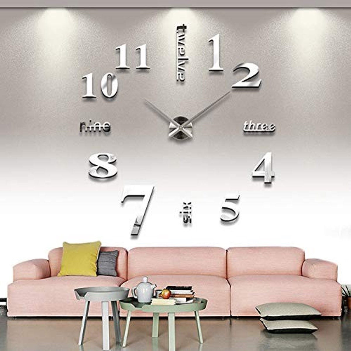 ONF3 3D DIY Wandklok met Stille Veegbeweging en Zilveren Frameless Spiegelstickers voor Woonkamer en Kantoor