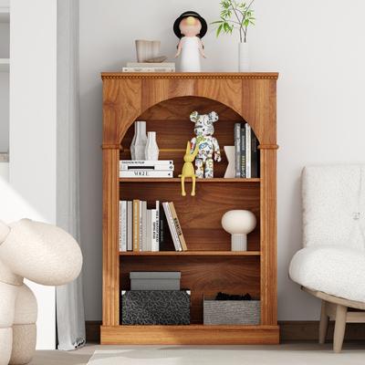 Kodotan sofa 3-Tier Arched Open Bookshelf, Traditional Freestanding Bookcase with Decorative Beaded Trim, Light Walnut Wood Display Shelf