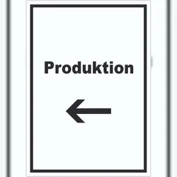 HB-Druck Produktion Aufkleber mit Text und Richtungspfeil links Herstellung hochkant A8 (52x74mm)