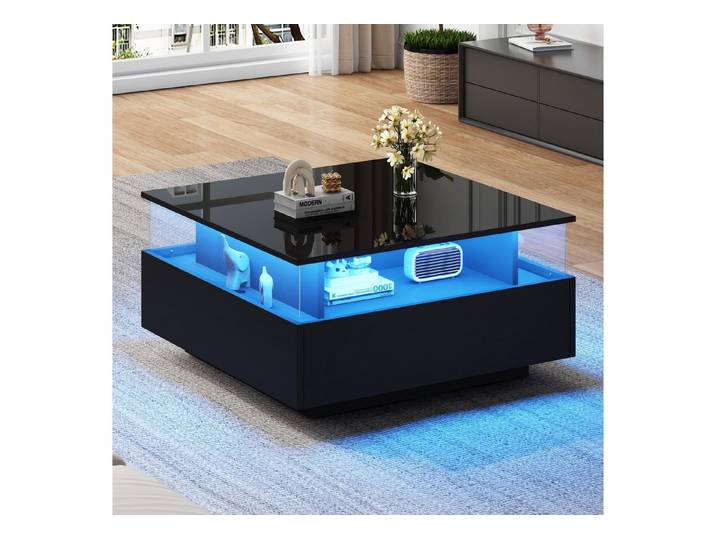 Fine Life Pro Couchtisch Couchtisch, LED, 2 Schubladen, transparenter Bereich, 30 kg, 70x70x41 cm, modernes Wohnzimmer-Design, stilvoll & praktisch