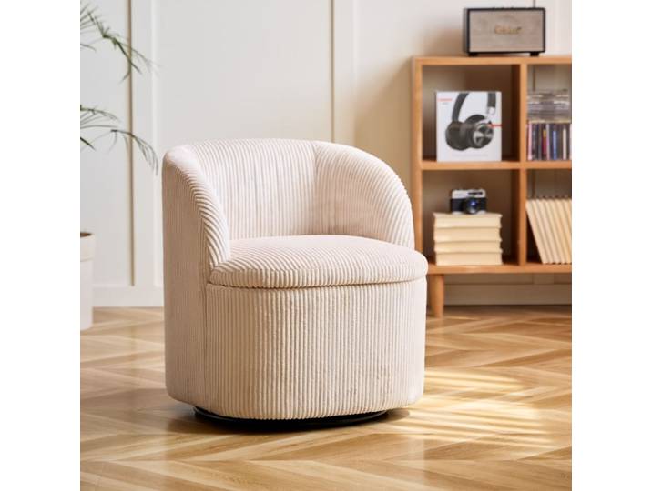 Fauteuil de salon pivotant et pouf en tissu beige