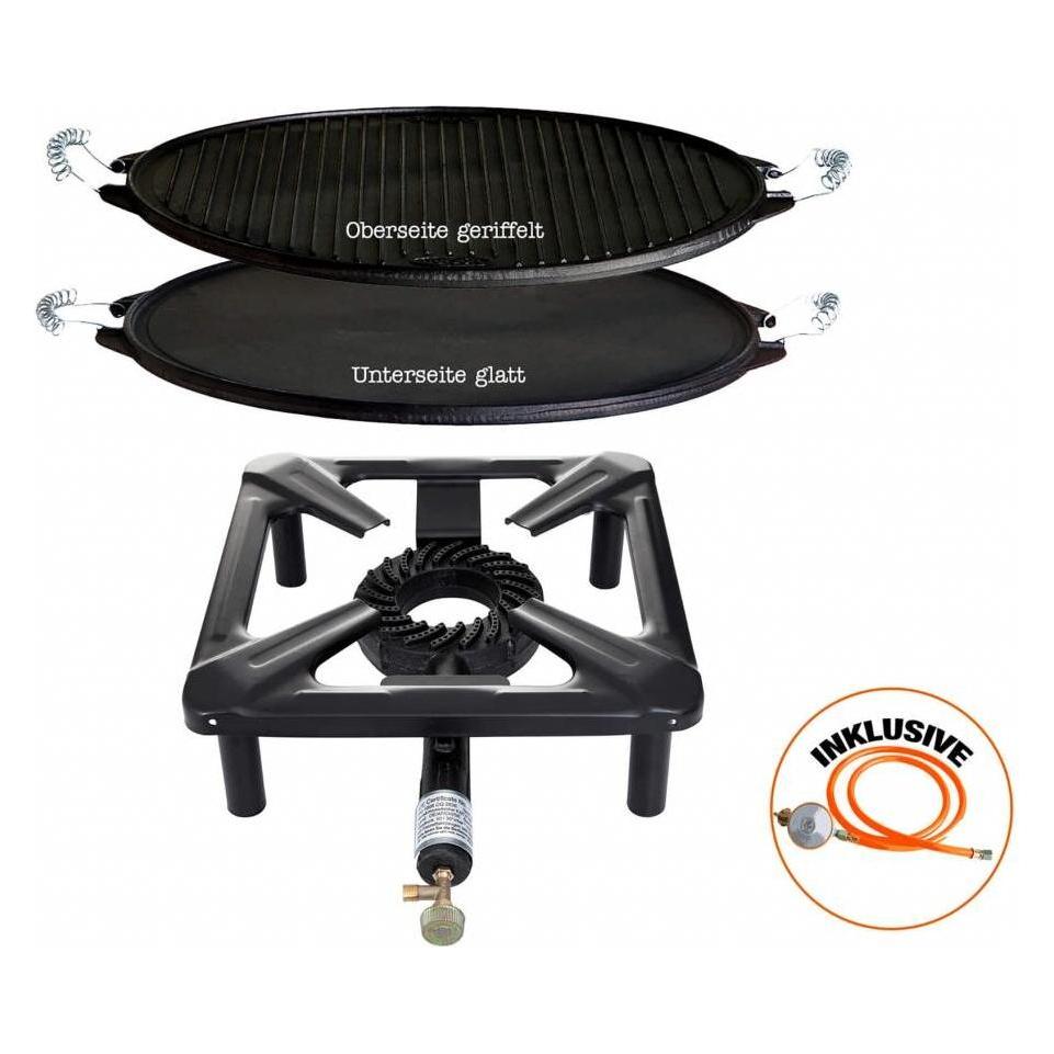 All'Grill Hockerkocher-Set (klein) mit Gussgrillplatte Ø 38 cm light inkl. Gasschlauch & Regler (43781505)