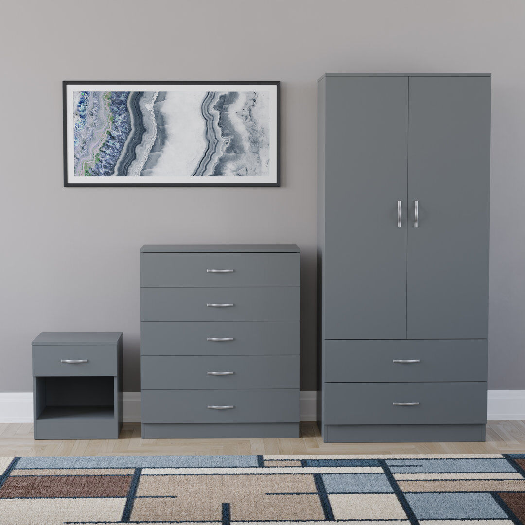 17 Stories Maybery 3 Piece Bedroom Set (1 Drawer Bedside Chest, 5 Drawer Chest, 2 Door 2 Drawer Wardrobe), (4) Grey