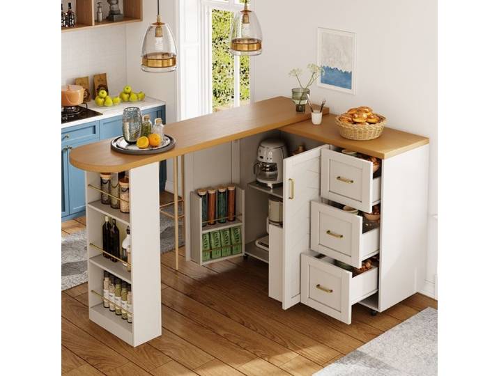 Zitty Desserte de Cuisine Extensible Chariot de Bar à Roulettes avec Tiroirs 135-228x39x104cm MDF/Métal Blanc/Bois