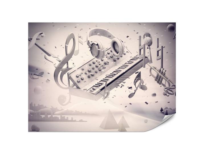 Muralo Fototapete für Jugendzimmer Modern Kollage Musik Klavier Noten Kopfhörer 400x280, Grau, Papier, Abstrakt, Rechteckig, 400x280 cm, Tapeten & Wandverkleidungen, Fototapeten