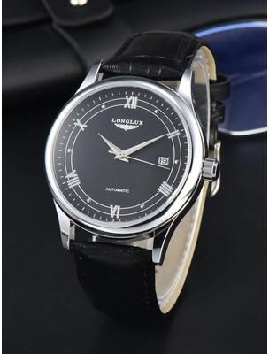Inspired Finds LONGLUX Automatic Mechanical Men's Watch Classic Leather Strap Watch With Date Display black