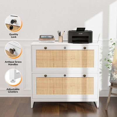 VINGLI File Cabinet Lateral 2-Drawer Wood Rattan with Lock for Home Office