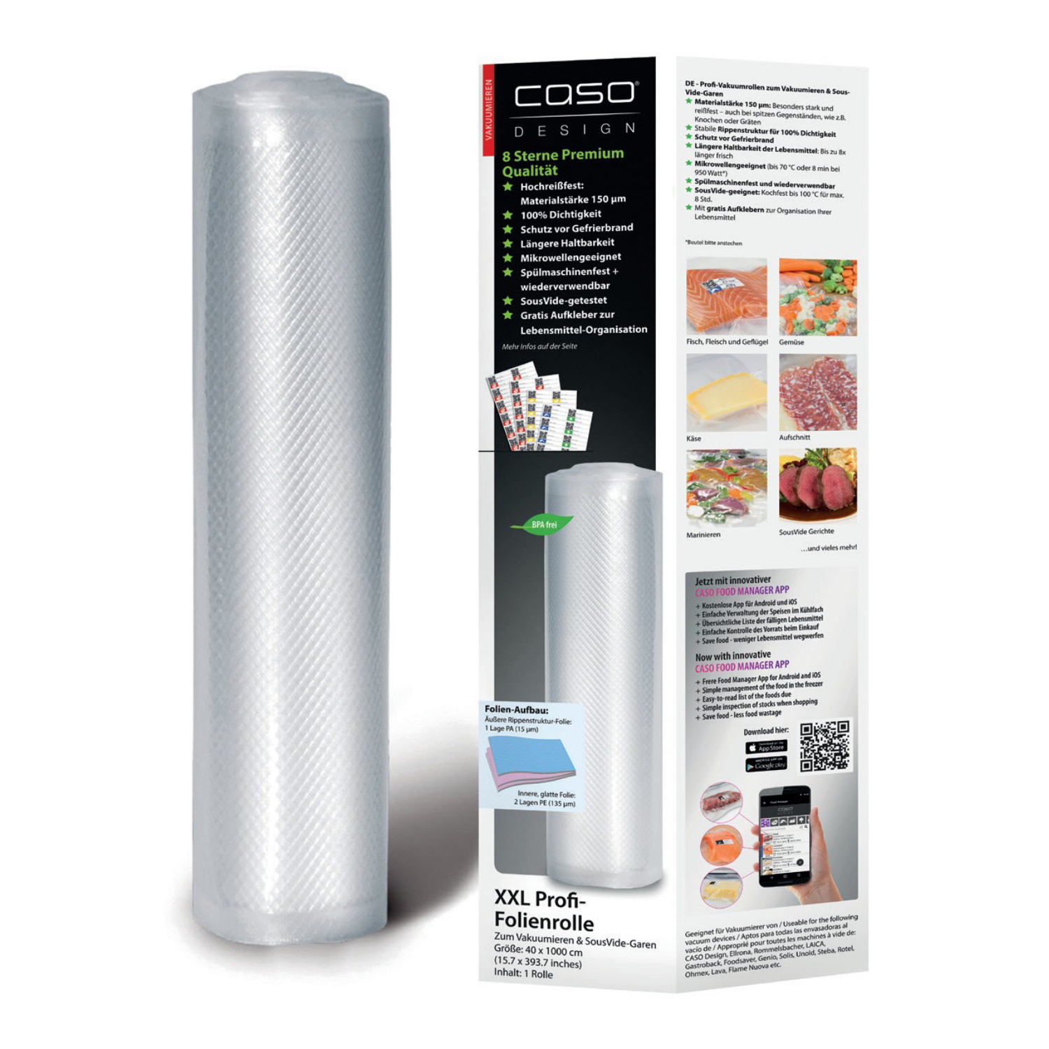 CASO Folienrolle 40 x 1000 cm XXL Profi Vakuumierfolie Rolle 1 Stück