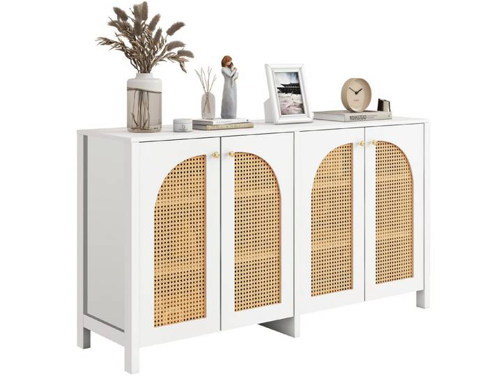 SeedWave Sideboard Moderne Aufbewahrungsschrank Kommode mit 4 Luftigen Kunst-Rattantüren, 6×Staufächer mit 4 verstellbaren Einlegeböden