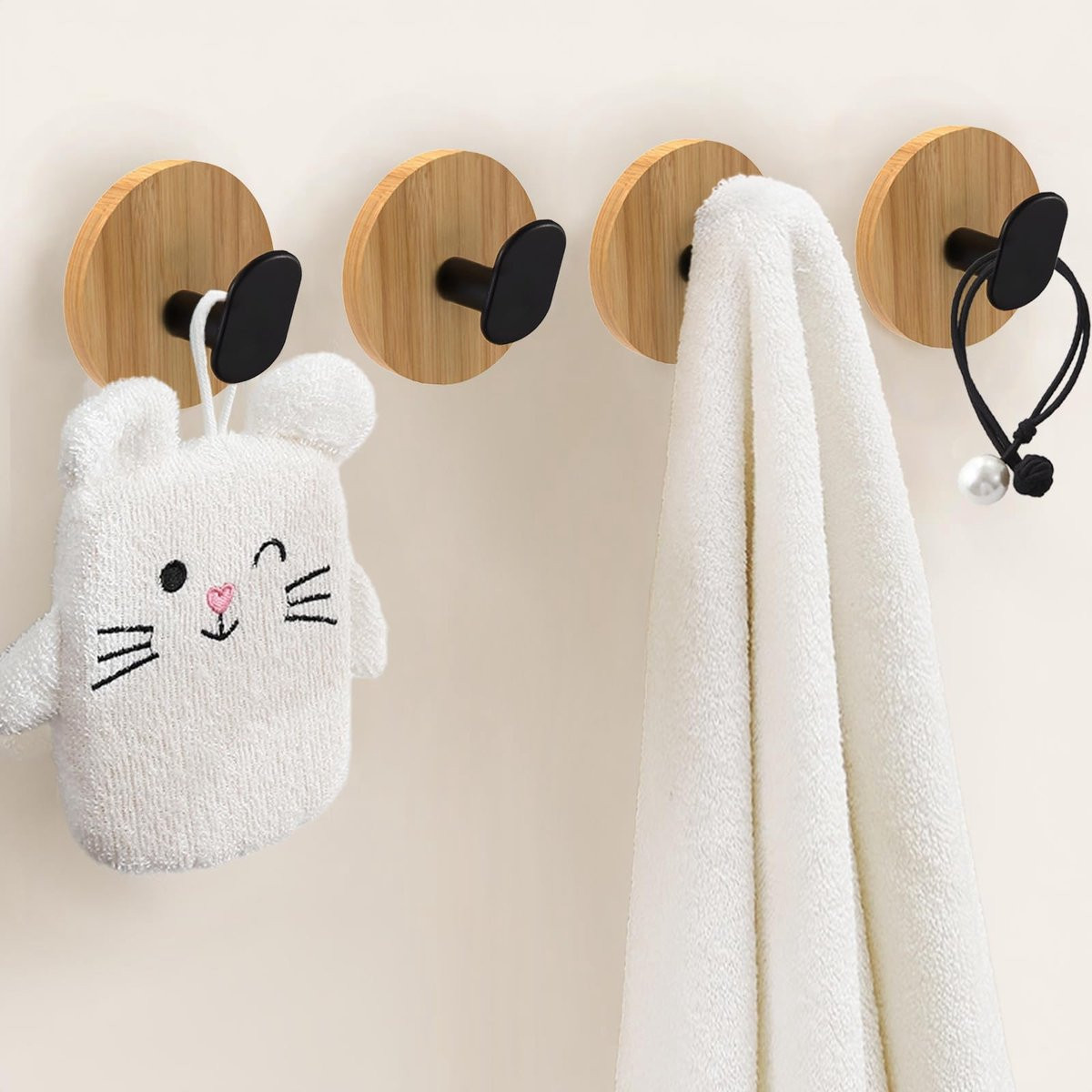 Zelfklevende Houten Haken 4 Stuks - Boorvrije Handdoekhouder voor Badkamer en Keuken - Zwart