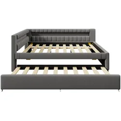 OKWISH Daybett Leinen Grau 212x150x81,5 cm mit Ausziehbett 90x190 cm, LED-Lichtleiste, USB und Type-C