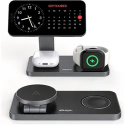 Alkaya Tripod Wireless Ladestation - 3 in 1 (Phone, Watch, Headset), Black, Wireless Charger, Schwarz