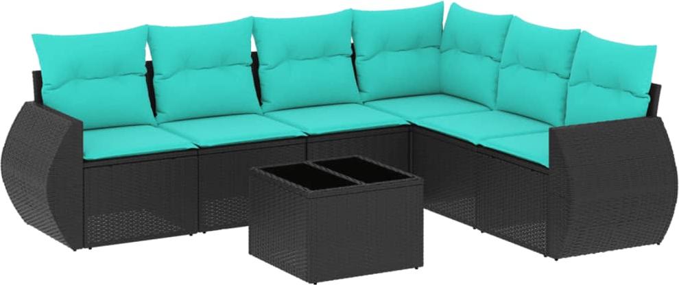 7-teiliges Gartensofa-Set mit Kissen, schwarzes Polyrattan