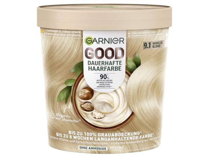 Garnier GOOD Dauerhafte Haarfarbe 9.1 Vanilla Blond, permanente Coloration, ohne Ammoniak, bis zu 100% Grauabdeckung, bis zu 8 Wochen langanhaltende Farbe, einfache Anwendung, angenehmer Duft, 1 Stk.