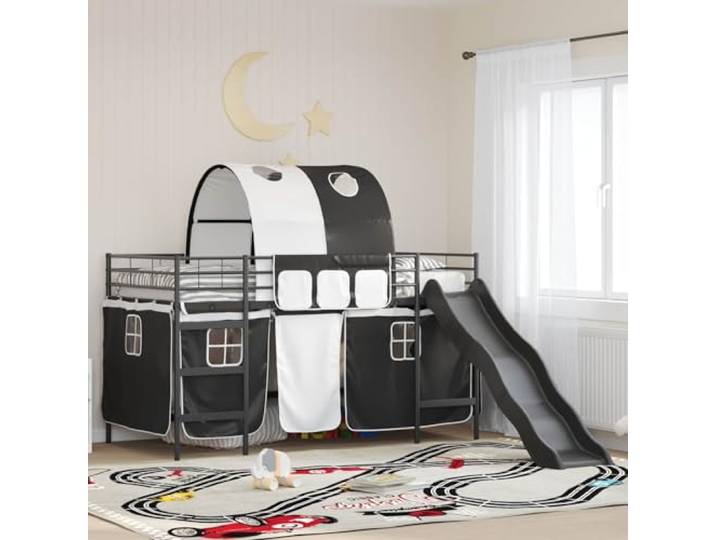 RJPLMFV Hochbett für Kinder, Schwarz, 100 x 200 cm Robuster Stahlrahmen, Netzvorhänge, sichere Rutsche, Lattenrost