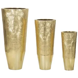 Mauro Ferretti Set aus 3 goldenen Vasen aus Metall – Trio mit kreisförmigem Reliefdesign im Glamour-Stil – Dekorative Vasen