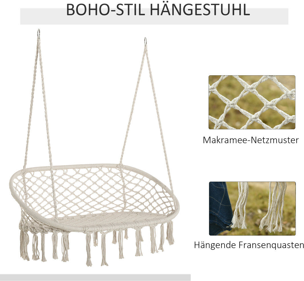 World Menagerie Swafford 2-Seater Hanging Hammock Chair Soft Cushion Cream White Cream 40cm H X 130cm W X 75cm L