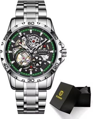 Inspired Finds GLENAW Steampunk Skeleton Automatic Men's Watch Luxury Mechanical Watch With Luminous Waterproof Design green