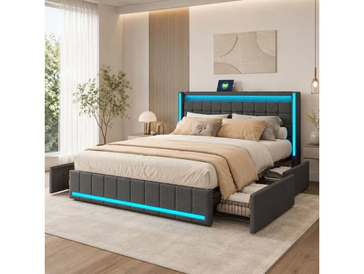 FOERPL lit double coffre 180x200 avec usb et led lit capitonne lit coffre avec tiroirs lit adulte lit double avec rangement